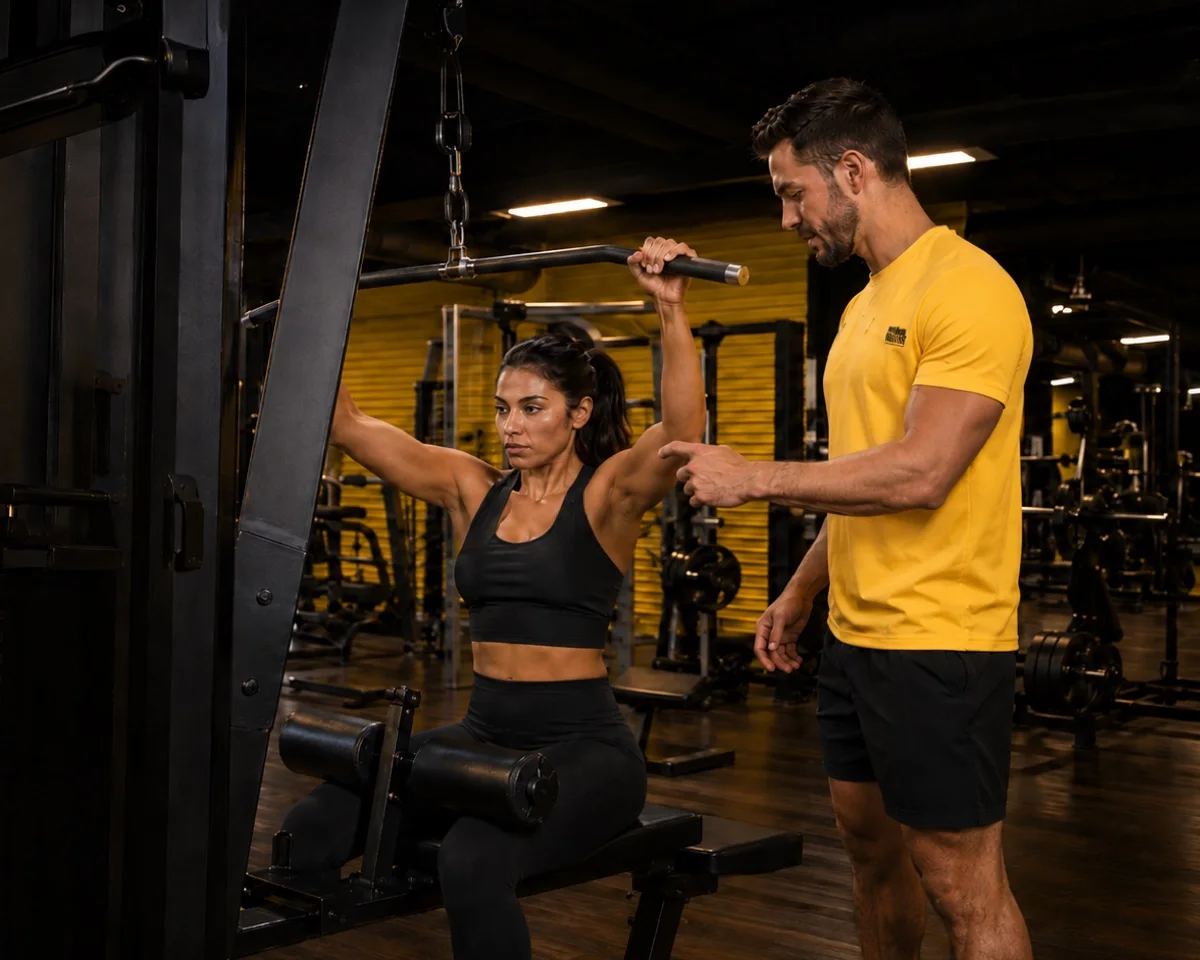 Professor orientando aluna em equipamento de musculação na The Best